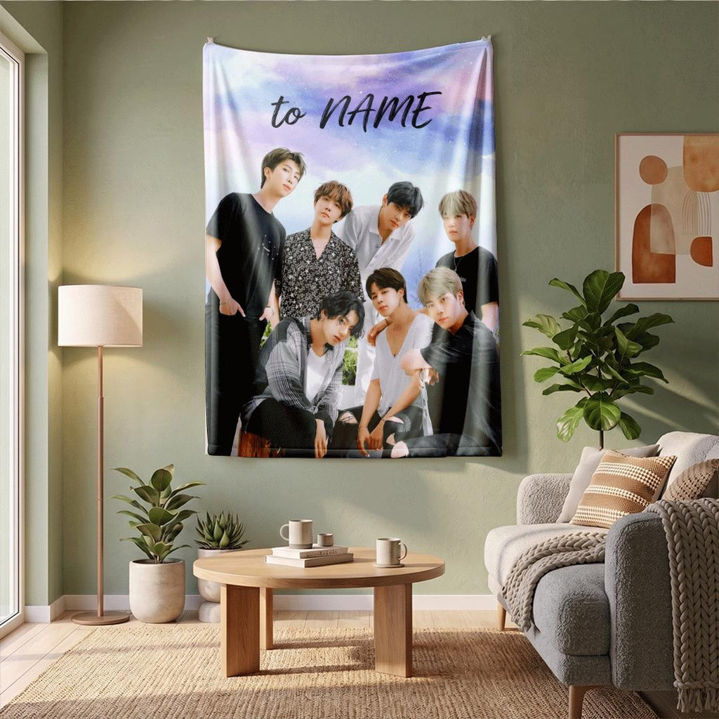 Doodle Art BTS Personalized Blanket Fun Yellow Hand Drawn Style Throw Trendy Kpop Group Bedding Cute Army Fan Room Decor Gift