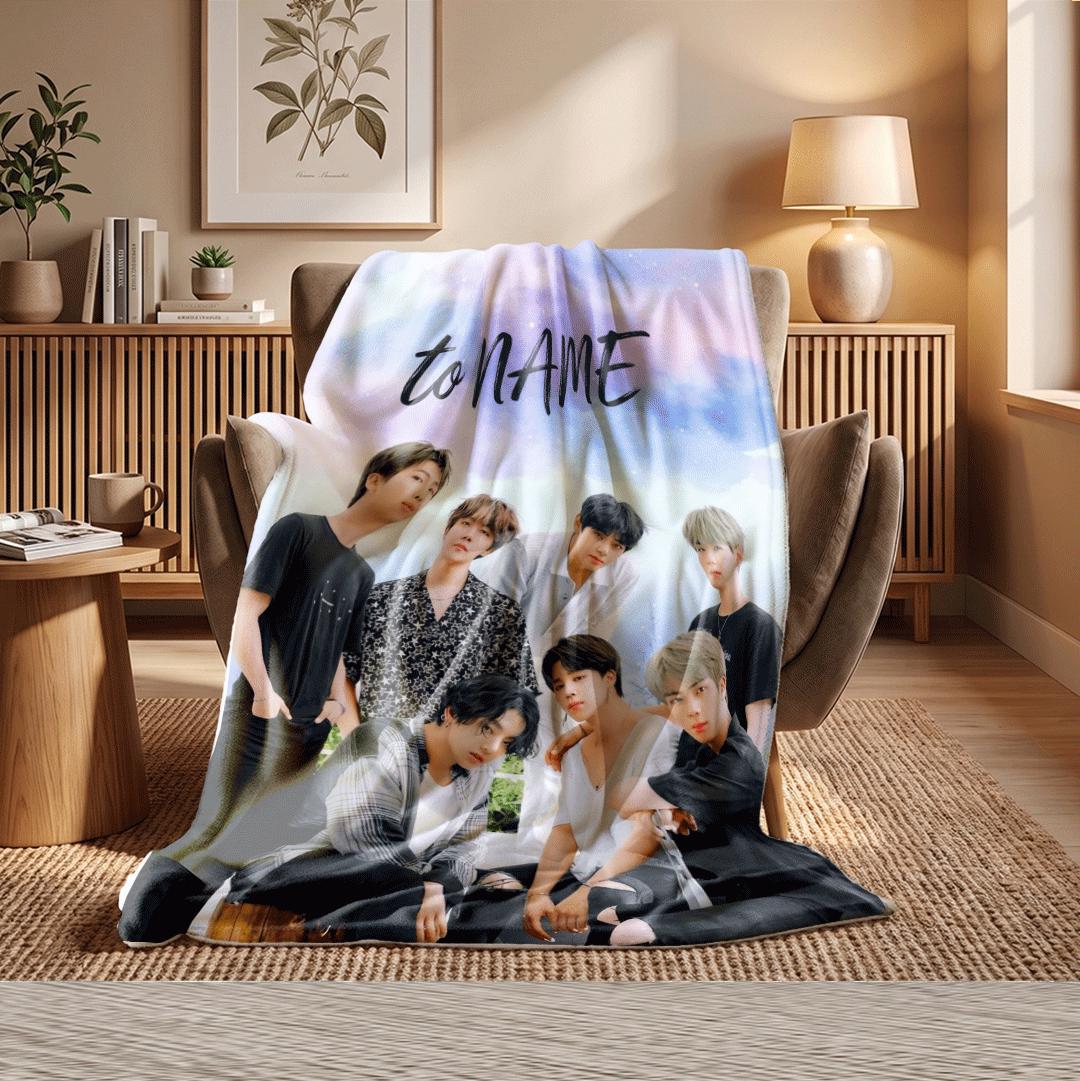 Doodle Art BTS Personalized Blanket Fun Yellow Hand Drawn Style Throw Trendy Kpop Group Bedding Cute Army Fan Room Decor Gift