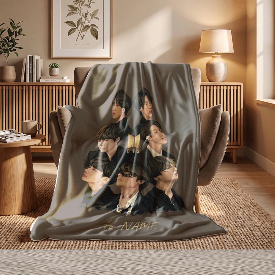 Clean Aesthetic BTS Custom Blanket Studio Portrait Throw Soft Pastel Korean Boy Band Bedding Cute Army Fan Room Decor Gift