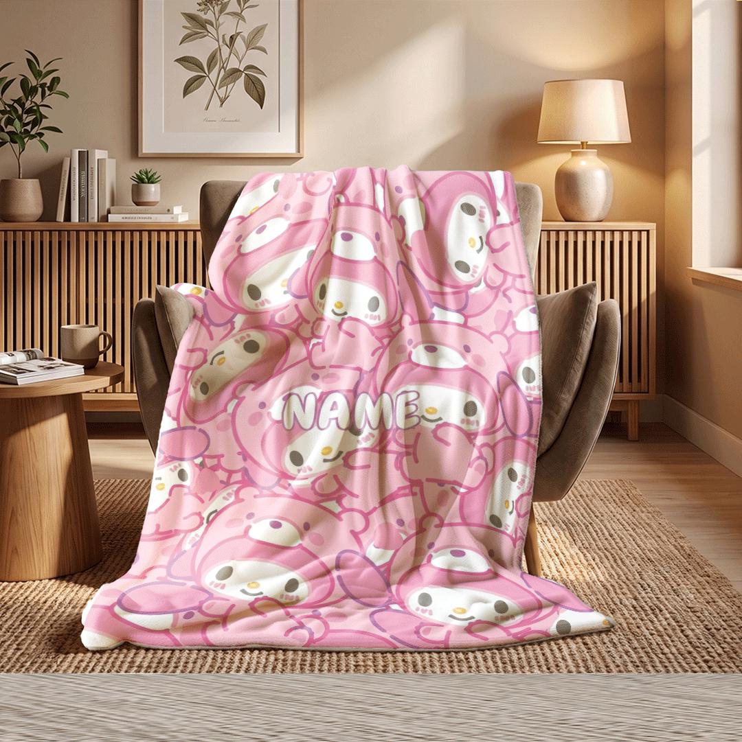 Personalized My Melody Floral Fleece Blanket Custom Name Throw Sweet Kawaii Anime Bedding Dreamy Garden Decor Birthday Gift for Girls
