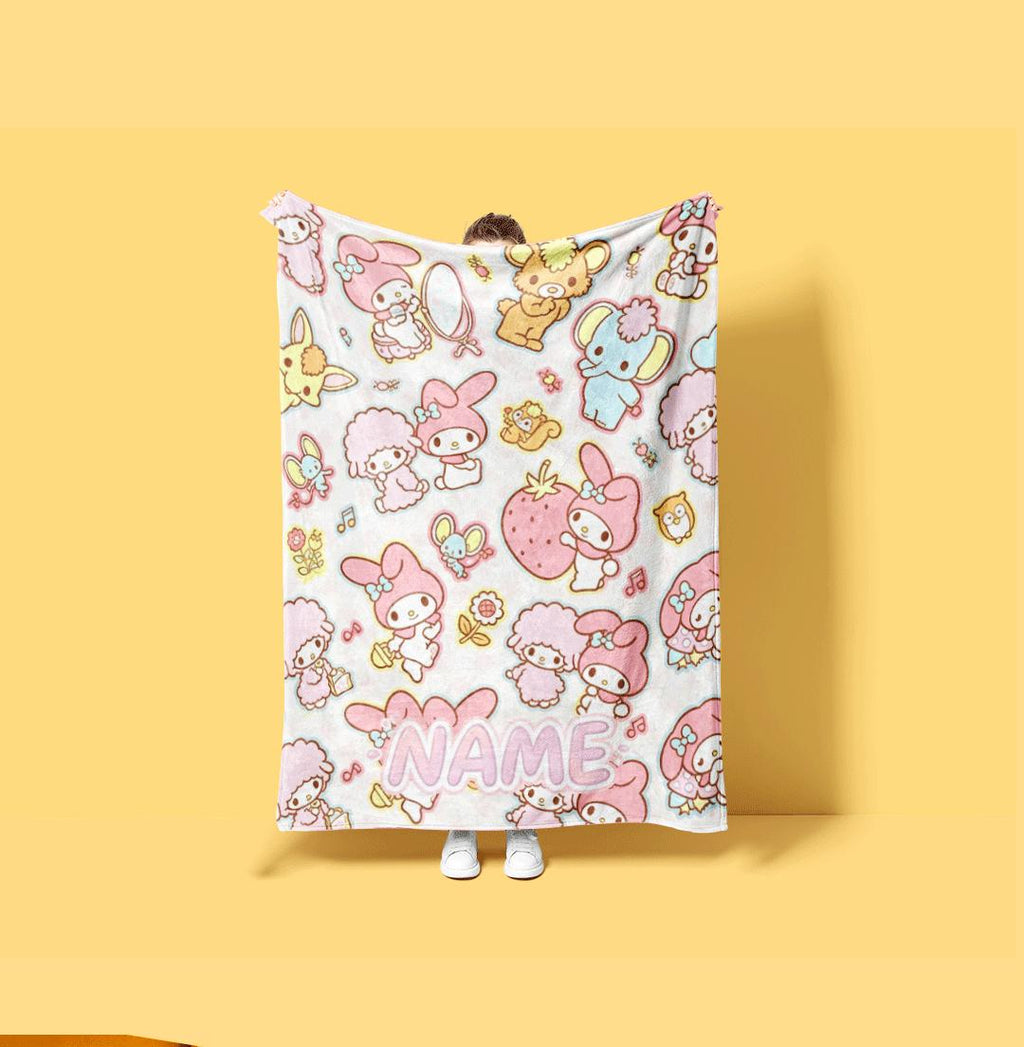 Cute My Melody Blanket Personalized Name Throw Kawaii Room Decor Soft Pastel Fleece Bedding Gift for Daughter Kids Bedroom Aesthetic