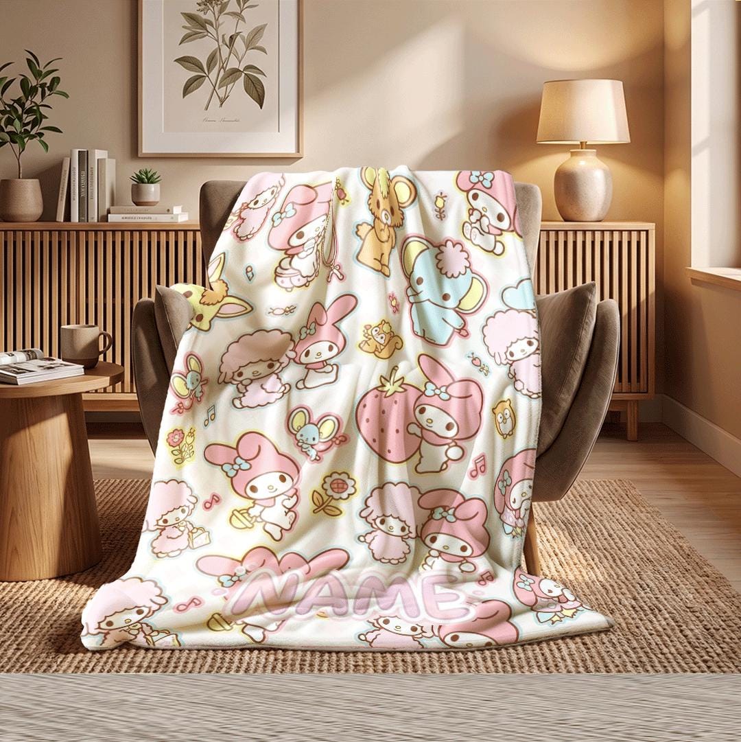 Cute My Melody Blanket Personalized Name Throw Kawaii Room Decor Soft Pastel Fleece Bedding Gift for Daughter Kids Bedroom Aesthetic