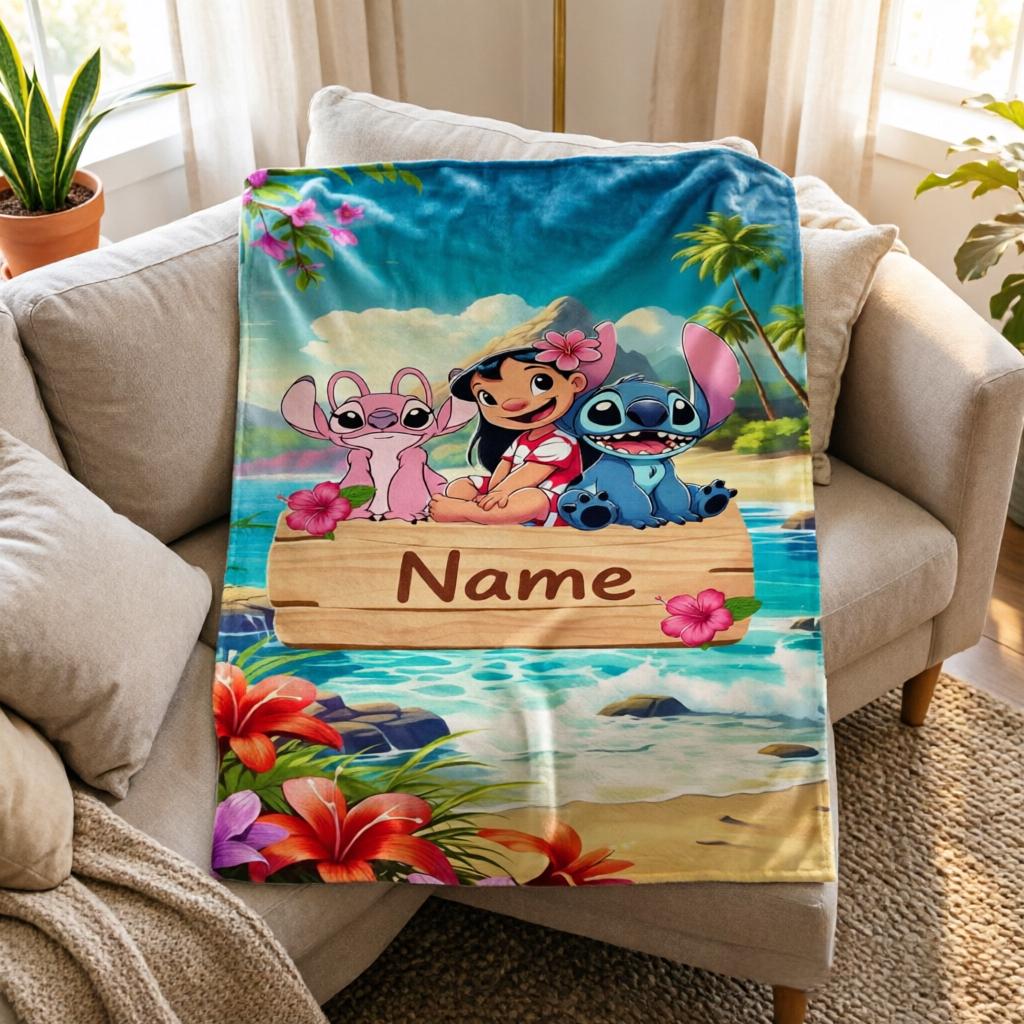 Custom Stitch Blanket, Personalized Name Tropical Throw, Cozy Flannel Anime Decor