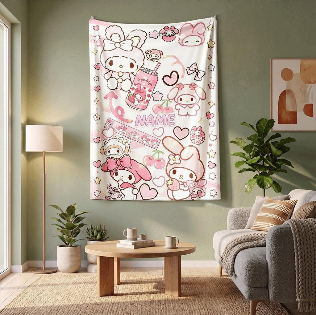 Soft Personalized My Melody Fleece Throw Custom Name Blanket Cozy Kawaii Bedding Cute Anime Style Gift for Kids Girls Room Decor