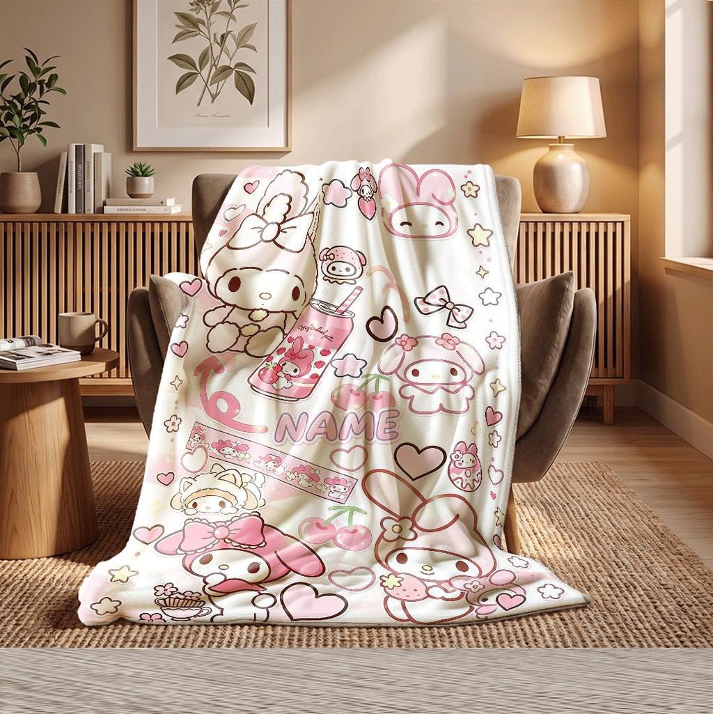 Soft Personalized My Melody Fleece Throw Custom Name Blanket Cozy Kawaii Bedding Cute Anime Style Gift for Kids Girls Room Decor