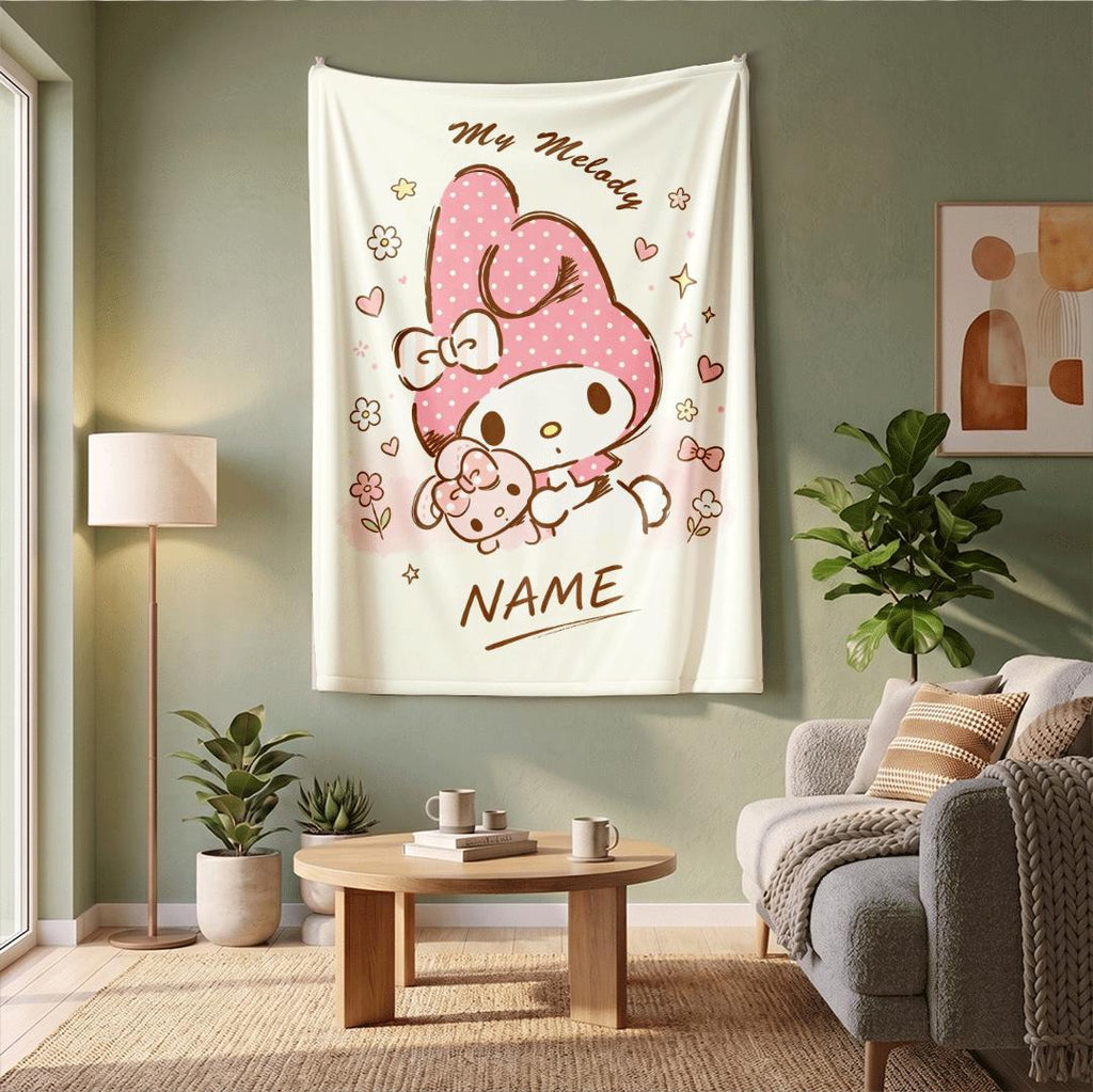 My Melody Garden Art Fleece Blanket Personalized Name Throw Pastel Aesthetic Anime Bedding Kawaii Bedroom Decor Birthday Surprise