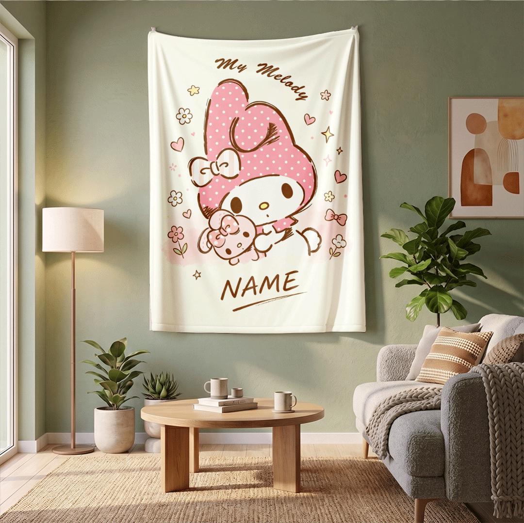 My Melody Garden Art Fleece Blanket Personalized Name Throw Pastel Aesthetic Anime Bedding Kawaii Bedroom Decor Birthday Surprise