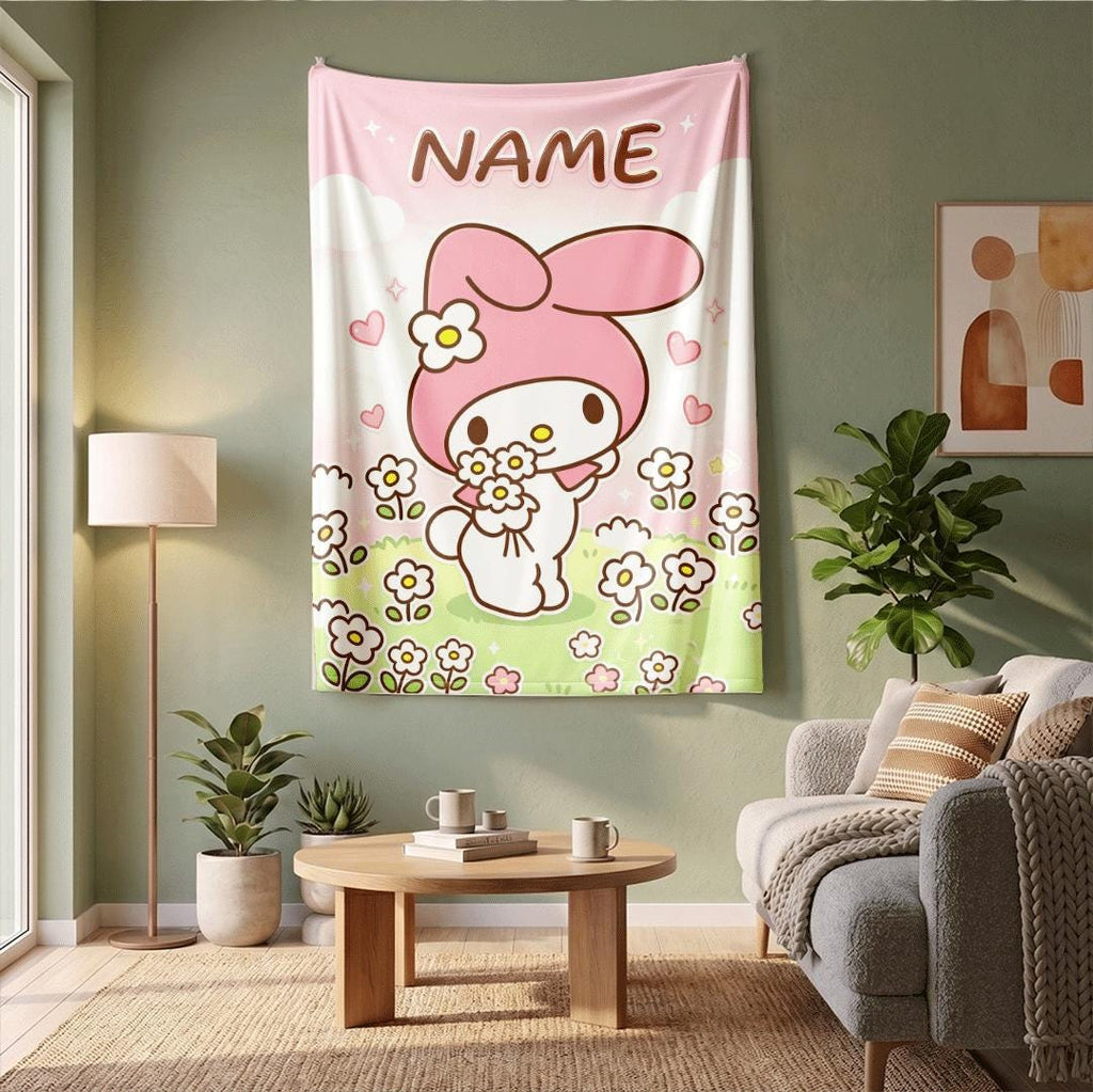 My Melody Spring Flower Blanket Personalized Custom Name Throw Soft Kawaii Fleece Bedding Nature Anime Style Gift for Her Girls