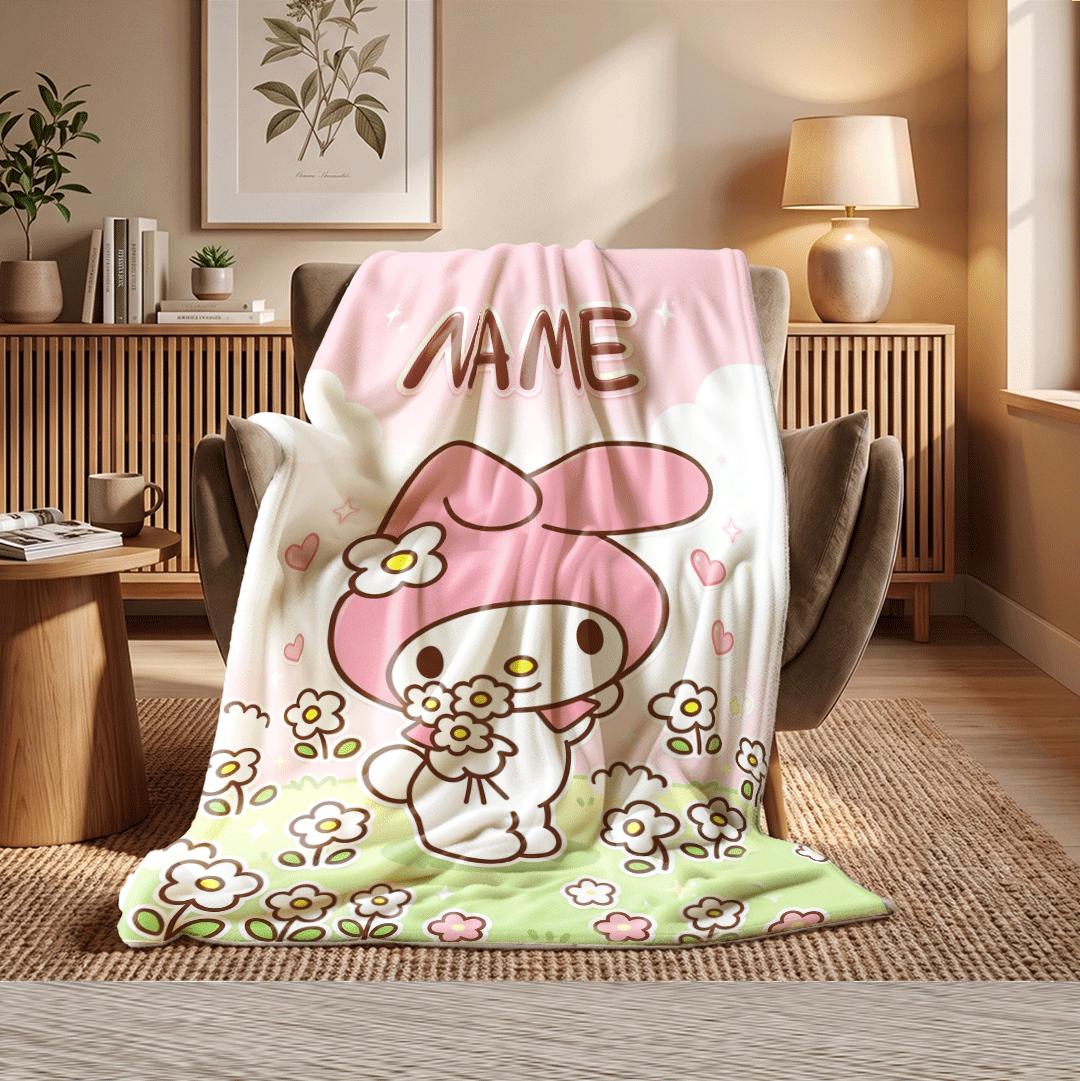 My Melody Spring Flower Blanket Personalized Custom Name Throw Soft Kawaii Fleece Bedding Nature Anime Style Gift for Her Girls
