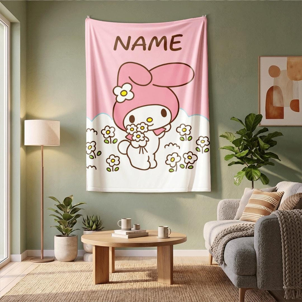 Customized My Melody Fleece Throw Personalized Name Blanket Kawaii Anime Bedding Cute Room Decor Birthday Gift for Little Girls
