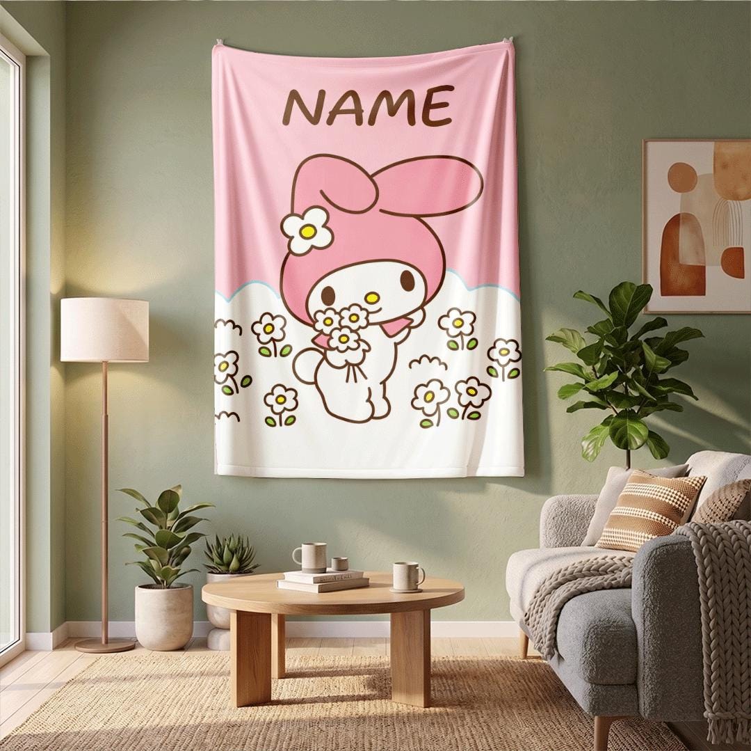 Customized My Melody Fleece Throw Personalized Name Blanket Kawaii Anime Bedding Cute Room Decor Birthday Gift for Little Girls