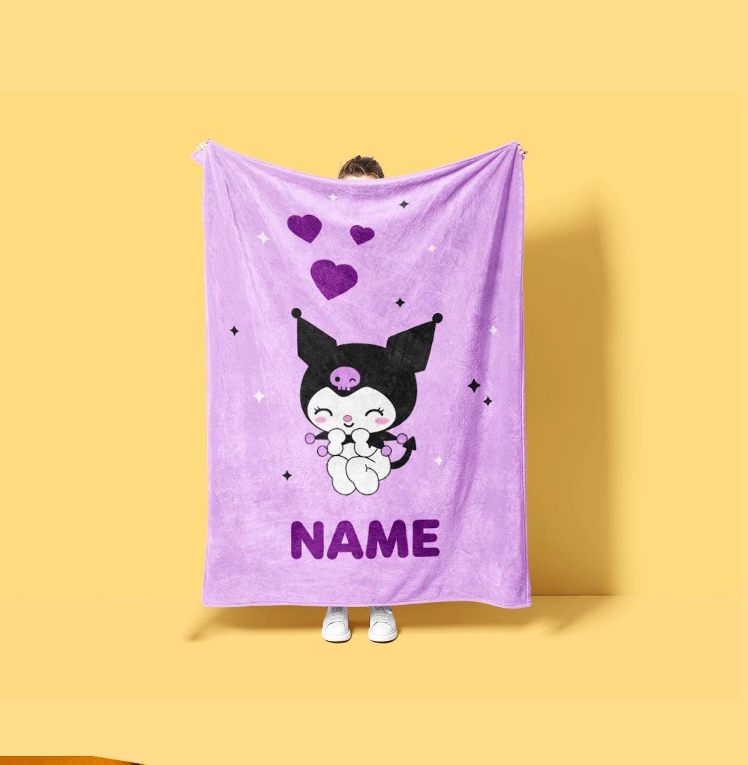 Personalized Kuromi Heart Fleece Blanket Custom Name Throw Cute Purple Kawaii Anime Bedding Sweet Bedroom Decor Birthday Gift Girls