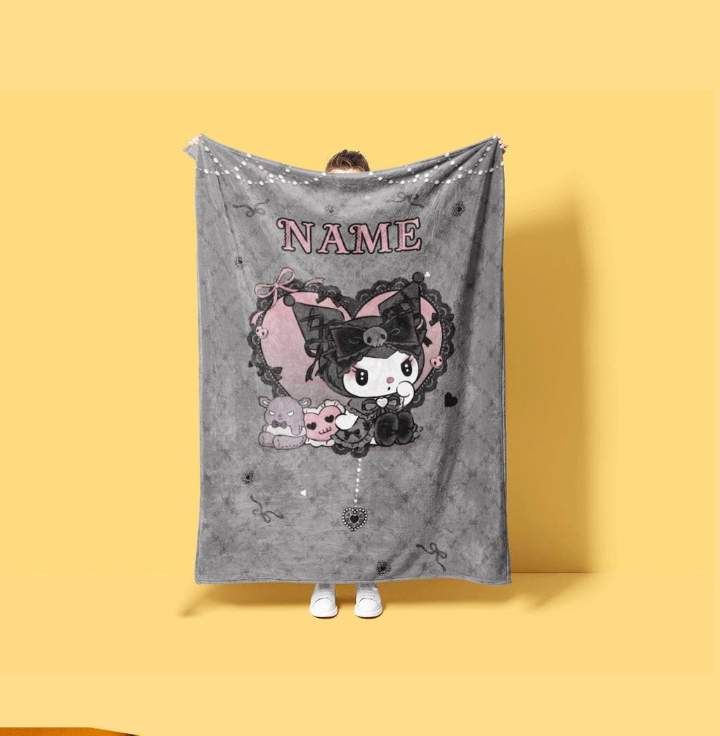 Custom Kuromi Gothic Fleece Blanket Personalized Name Throw Dark Aesthetic Anime Bedding Cool Room Decor Gift for Teen Girls Kids