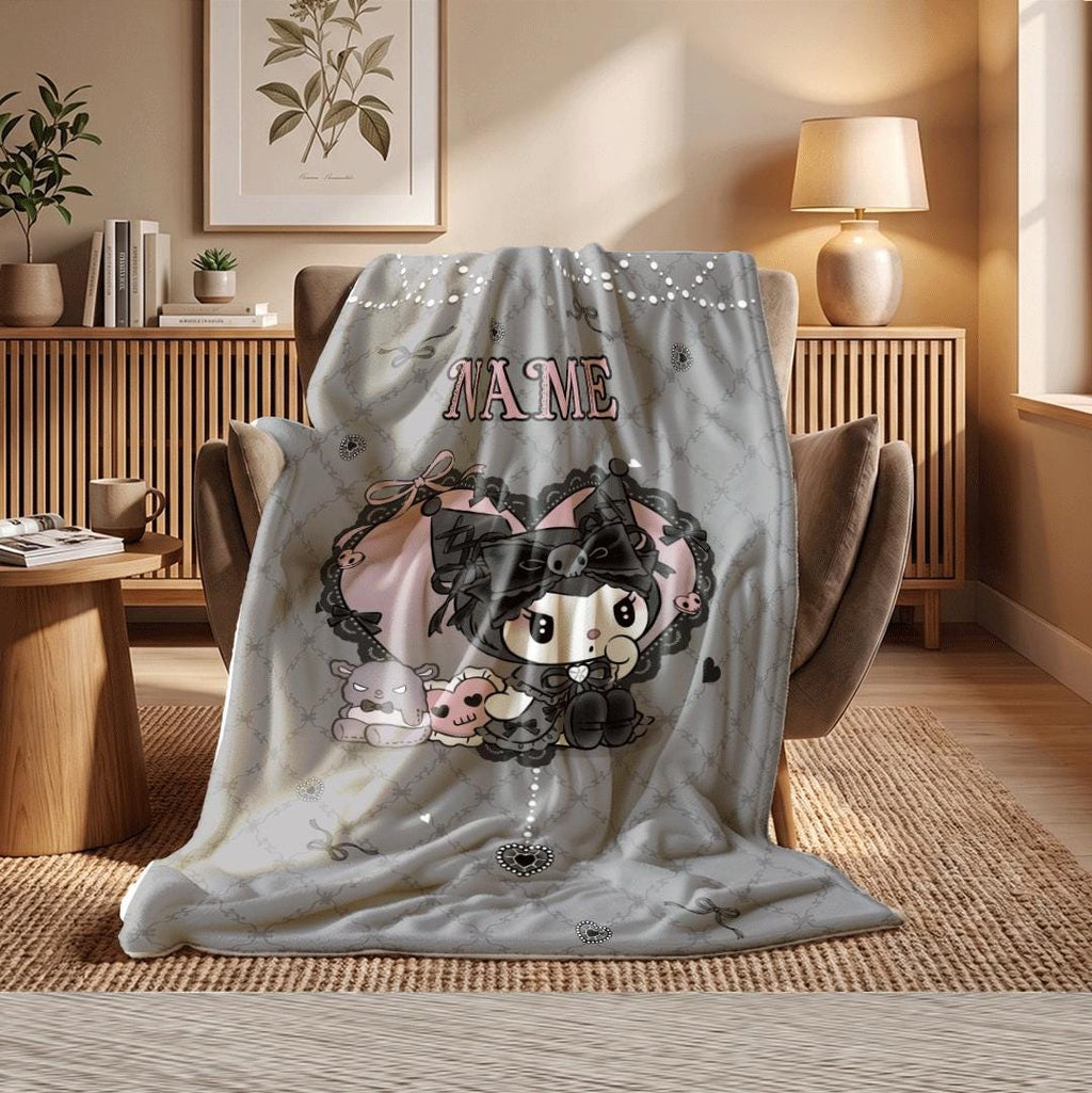 Custom Kuromi Gothic Fleece Blanket Personalized Name Throw Dark Aesthetic Anime Bedding Cool Room Decor Gift for Teen Girls Kids