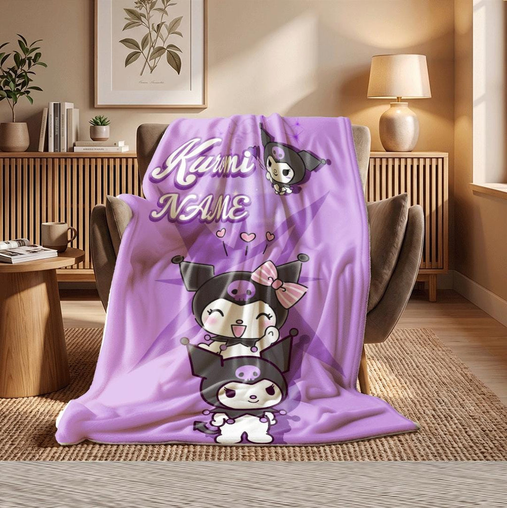 Personalized Kuromi Stars Fleece Blanket Custom Name Throw Cute Kawaii Anime Bedding Starry Room Decor Gift for Girls Kids Teen