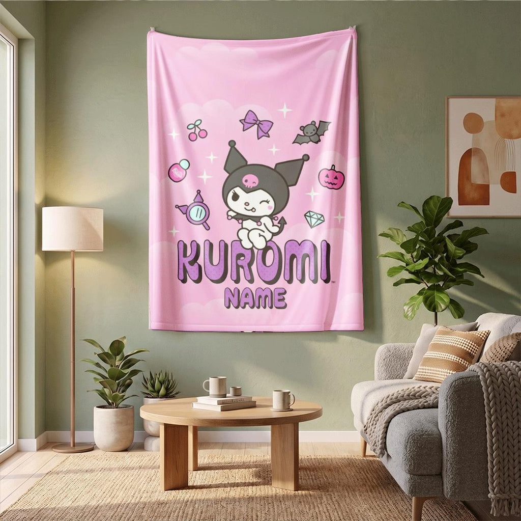 Kuromi Kawaii Icons Blanket Personalized Name Custom Fleece Throw Cute Anime Bedding Soft Pastel Room Decor Birthday Gift Girls