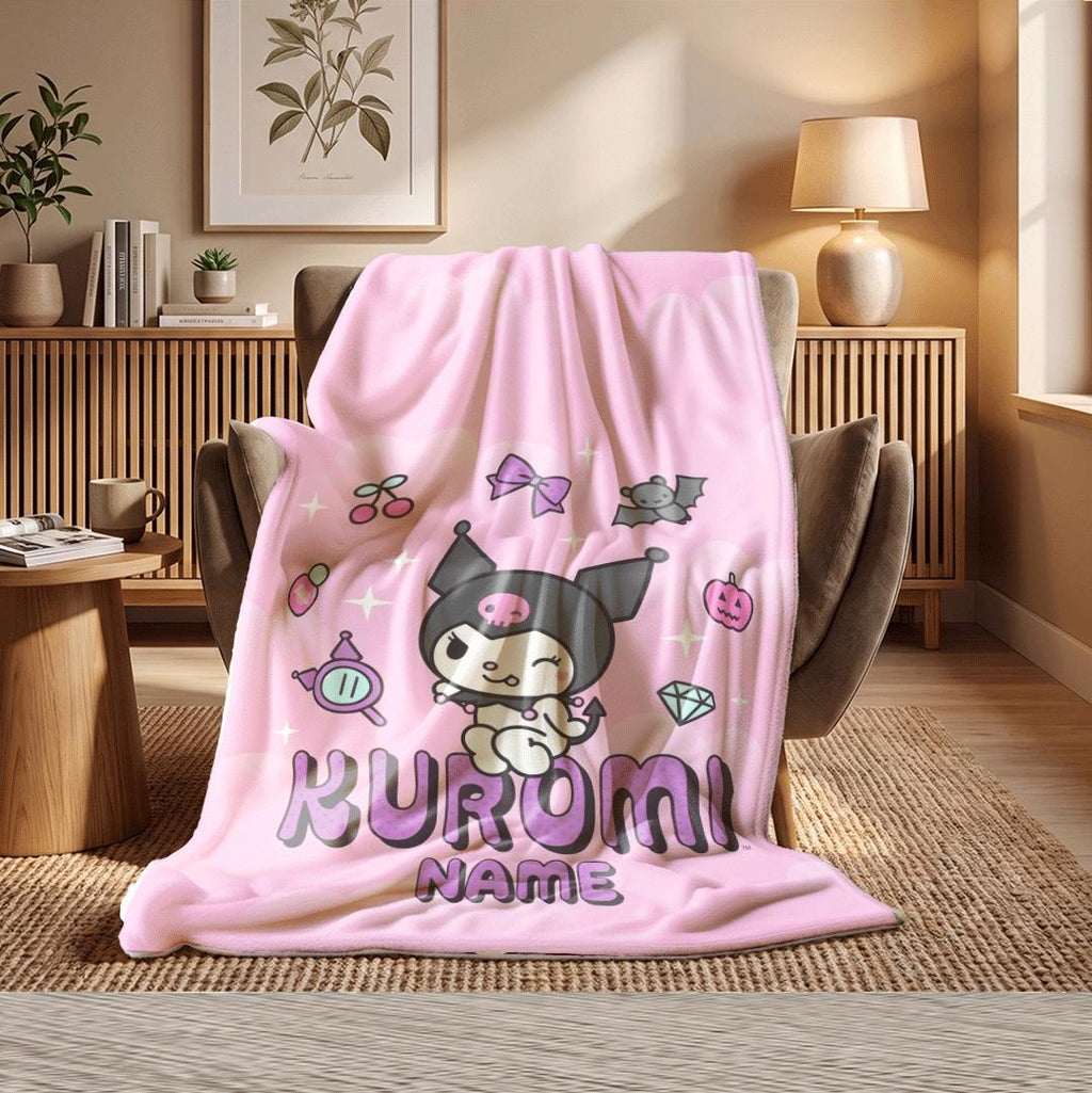 Kuromi Kawaii Icons Blanket Personalized Name Custom Fleece Throw Cute Anime Bedding Soft Pastel Room Decor Birthday Gift Girls