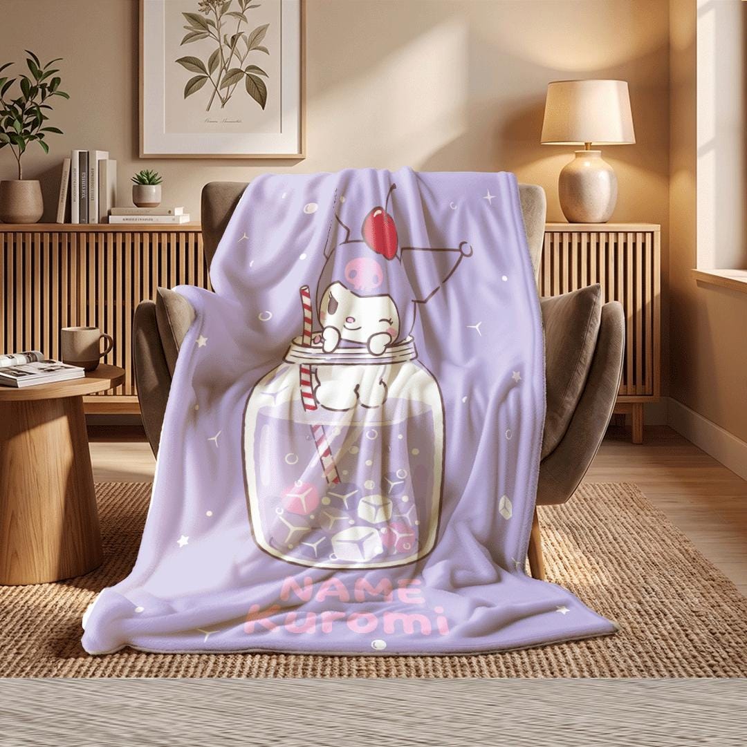 Ultra Soft Personalized Kuromi Fleece Blanket Custom Name Throw Kawaii Anime Bedding Cozy Bedroom Decor Birthday Present Girls
