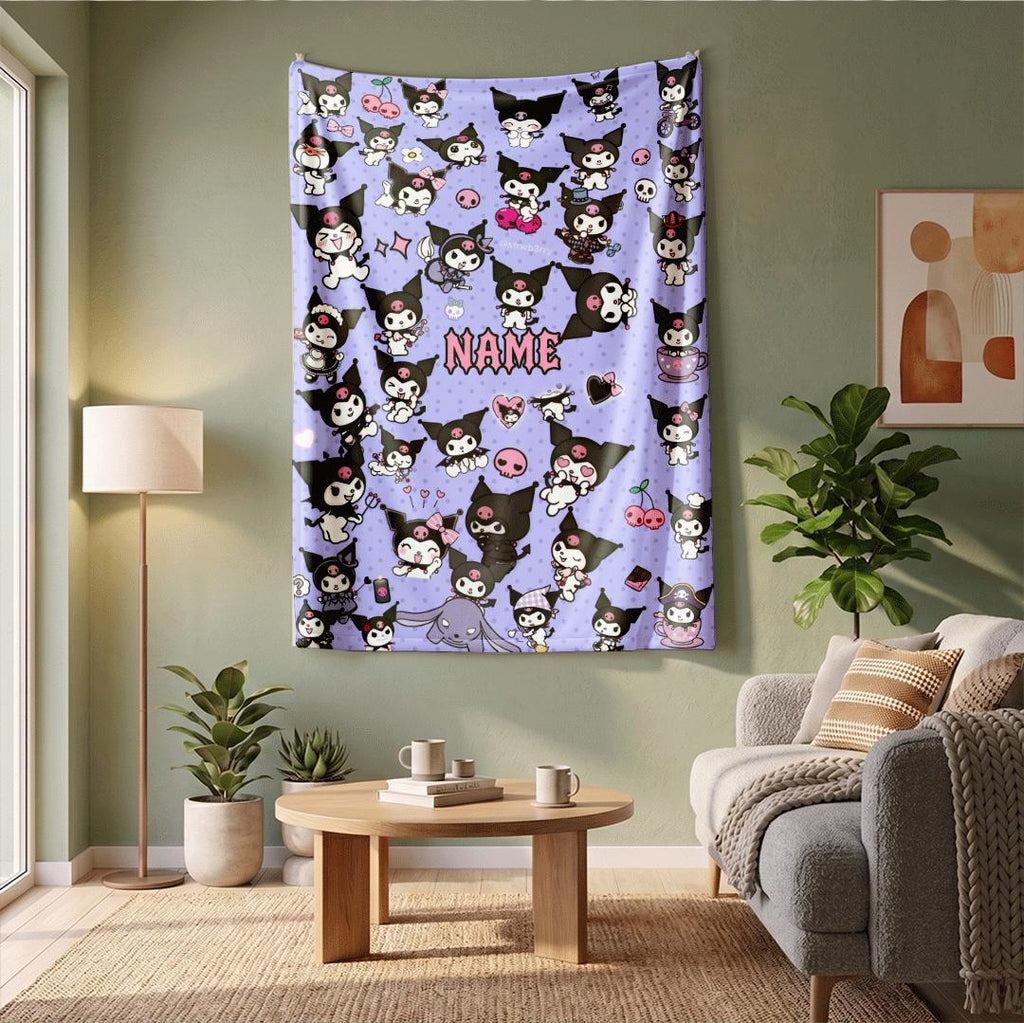 Custom Name Kuromi Blanket Personalized Soft Fleece Throw Kawaii Anime Bedding Nursery Decor Birthday Gift for Little Girls Kids