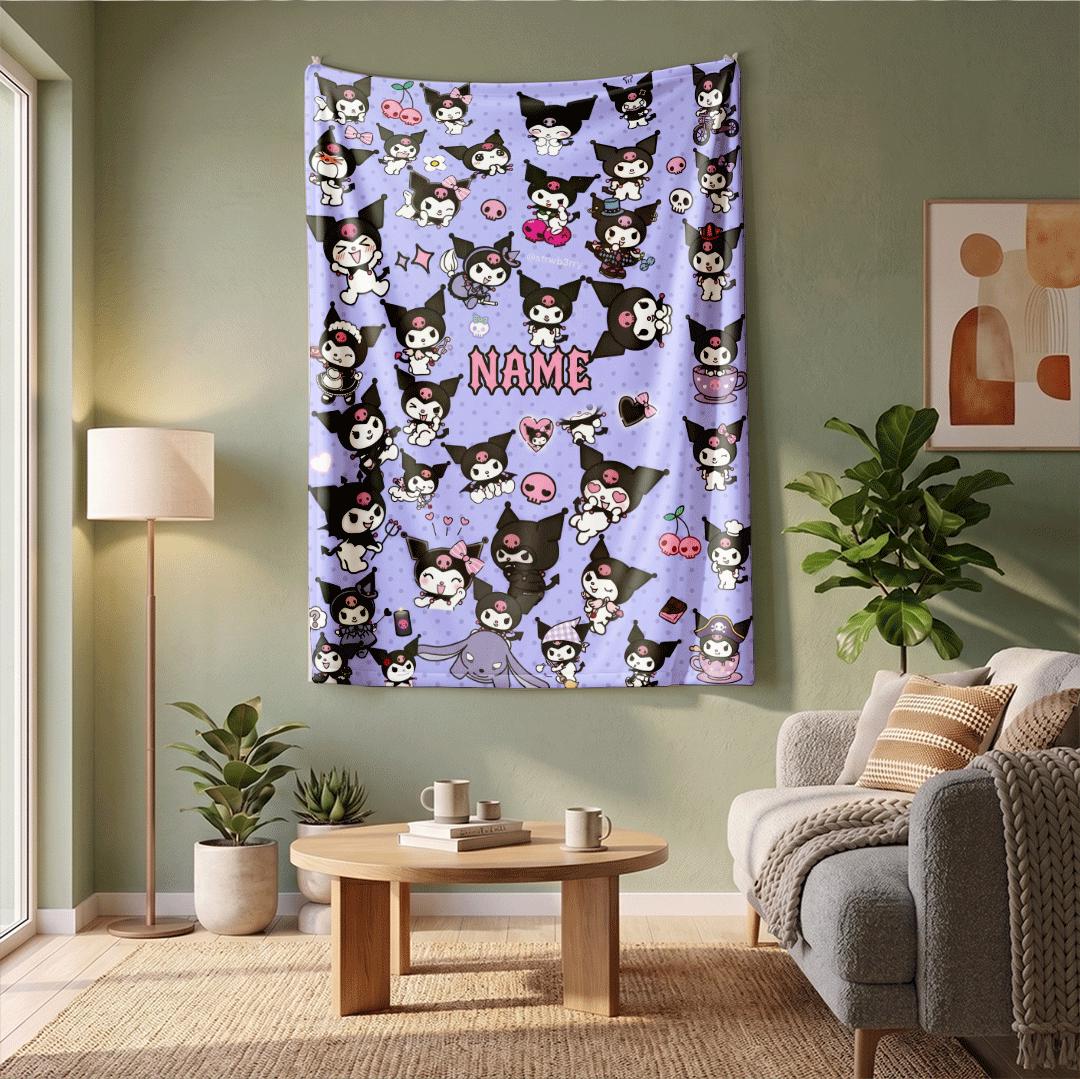 Custom Name Kuromi Blanket Personalized Soft Fleece Throw Kawaii Anime Bedding Nursery Decor Birthday Gift for Little Girls Kids