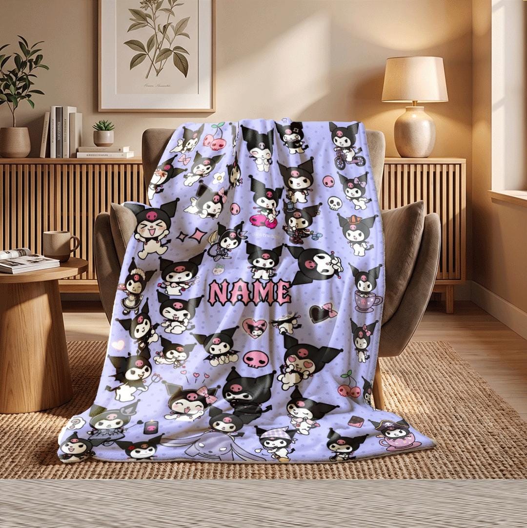 Custom Name Kuromi Blanket Personalized Soft Fleece Throw Kawaii Anime Bedding Nursery Decor Birthday Gift for Little Girls Kids