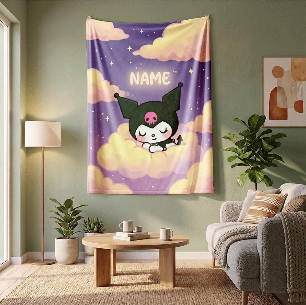 Dreamy Kuromi Fleece Blanket Personalized Name Throw Kawaii Anime Bedding Soft Pastel Room Decor Cute Birthday Gift for Girls
