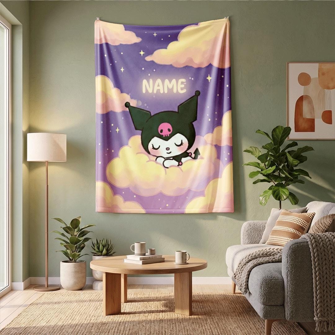 Dreamy Kuromi Fleece Blanket Personalized Name Throw Kawaii Anime Bedding Soft Pastel Room Decor Cute Birthday Gift for Girls