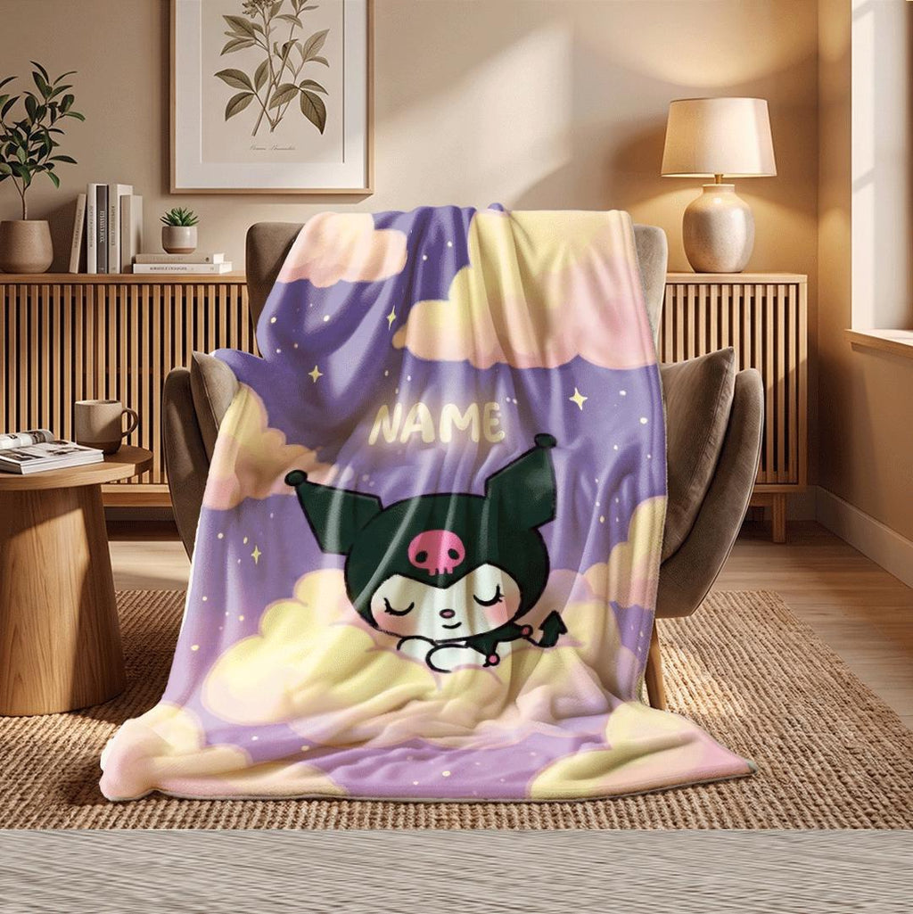 Dreamy Kuromi Fleece Blanket Personalized Name Throw Kawaii Anime Bedding Soft Pastel Room Decor Cute Birthday Gift for Girls