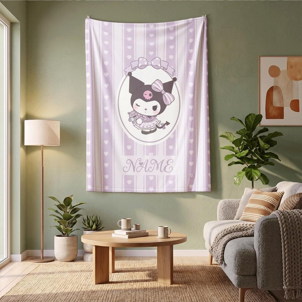 Personalized Kuromi Name Throw Blanket Kawaii Anime Fleece Bedding Cute Room Decor Custom Birthday Gift for Girls Kids Teen