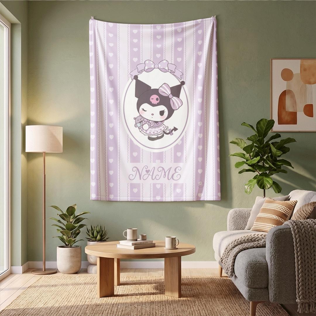 Personalized Kuromi Name Throw Blanket Kawaii Anime Fleece Bedding Cute Room Decor Custom Birthday Gift for Girls Kids Teen