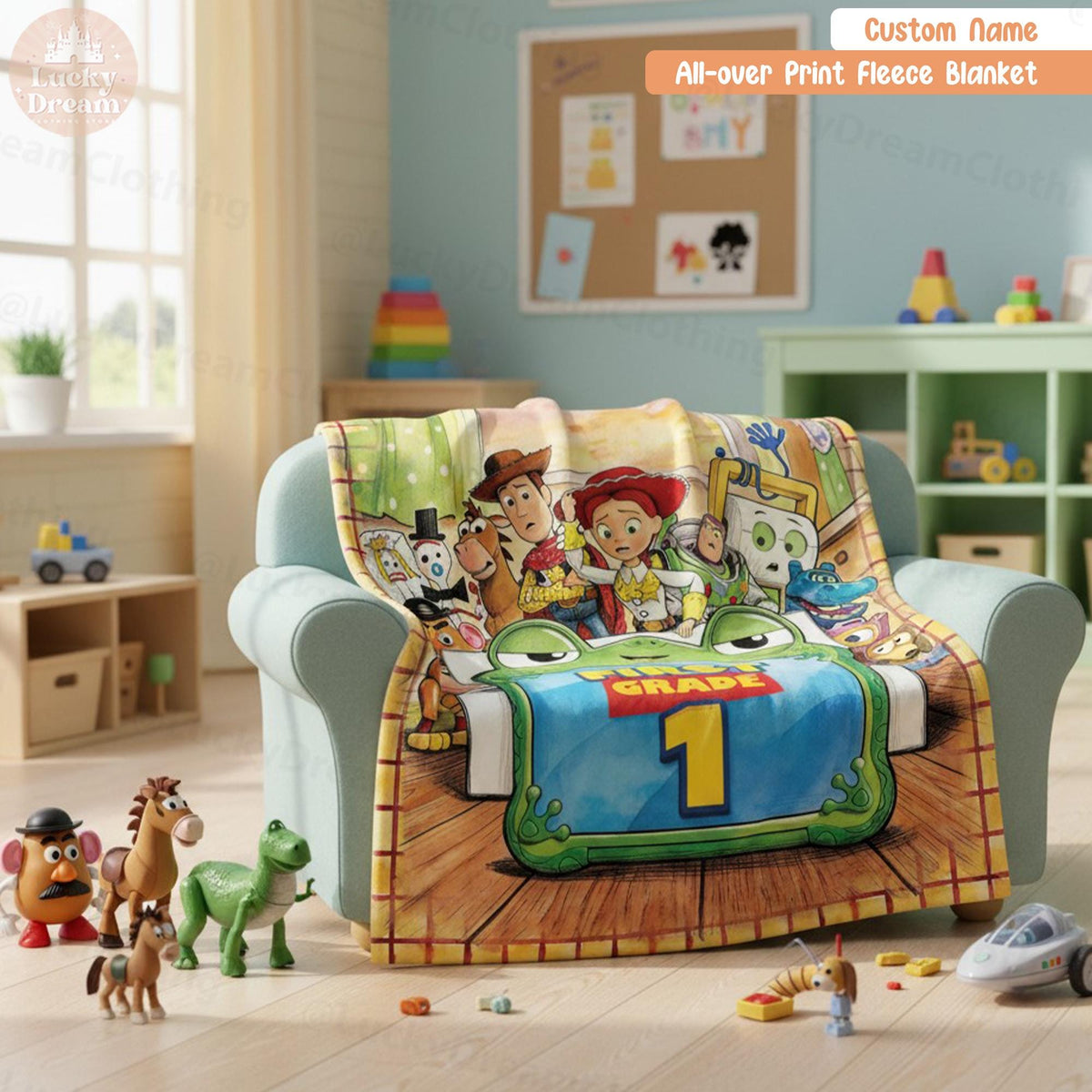 Personalized Toy Story 5 Pre-K Blanket, Custom Grade Disney Kids Blanket, Woody Buzz Lightyear Jessie Birthday Cartoon Gift for Boy, Girl