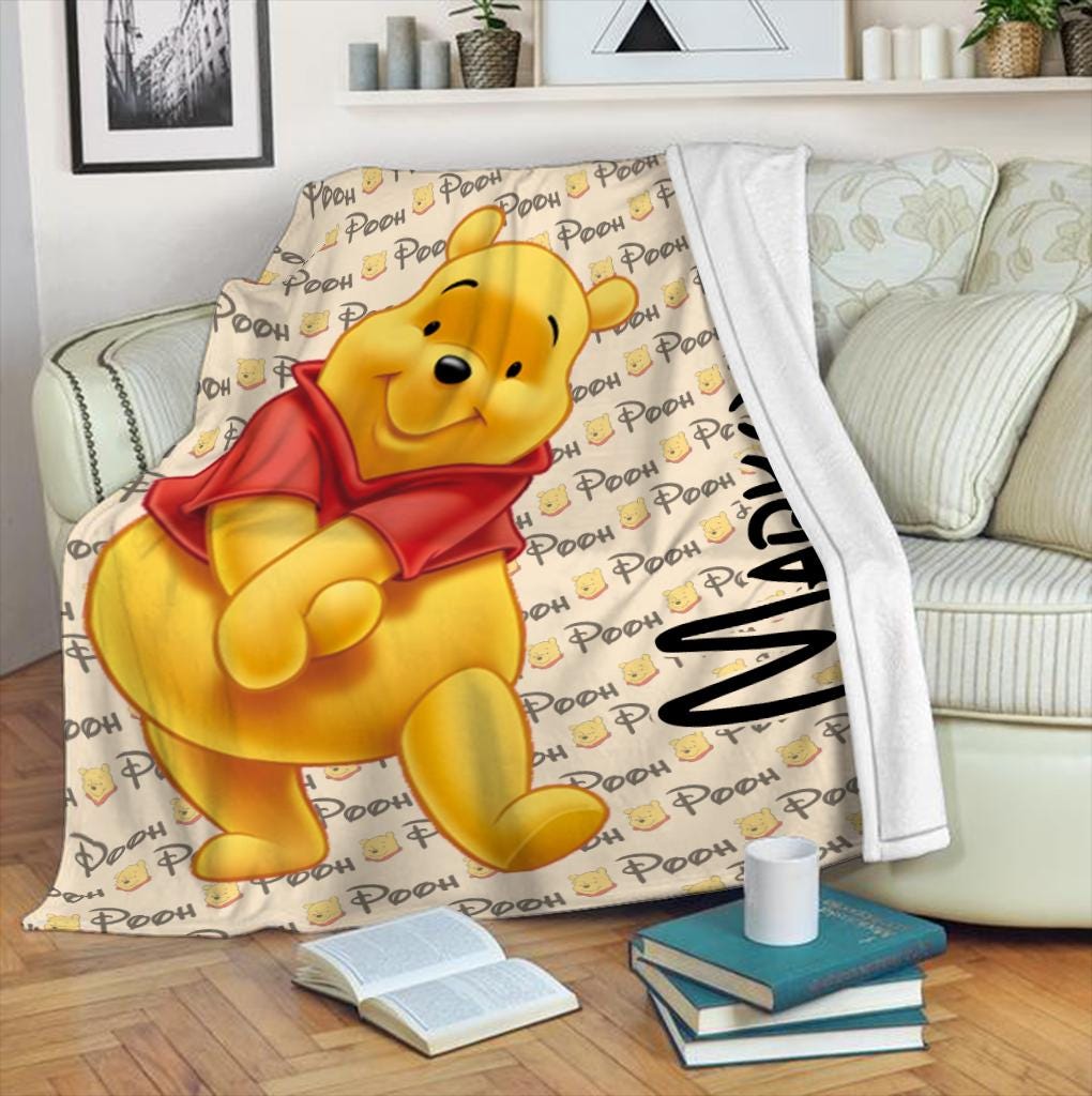 Personalized Winnie Bear Blanket Custom Name Kids Gift Cute Fleece Throw Baby Blanket Nursery Decor Cozy Cartoon Gift for Pooh Fan