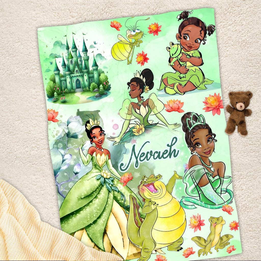 Personalized Tiana Princess Blanket, Custom Name Kids Gift Green Fleece Baby Blanket Nursery Decor Cute Frog Cartoon Gift for Girl Fan