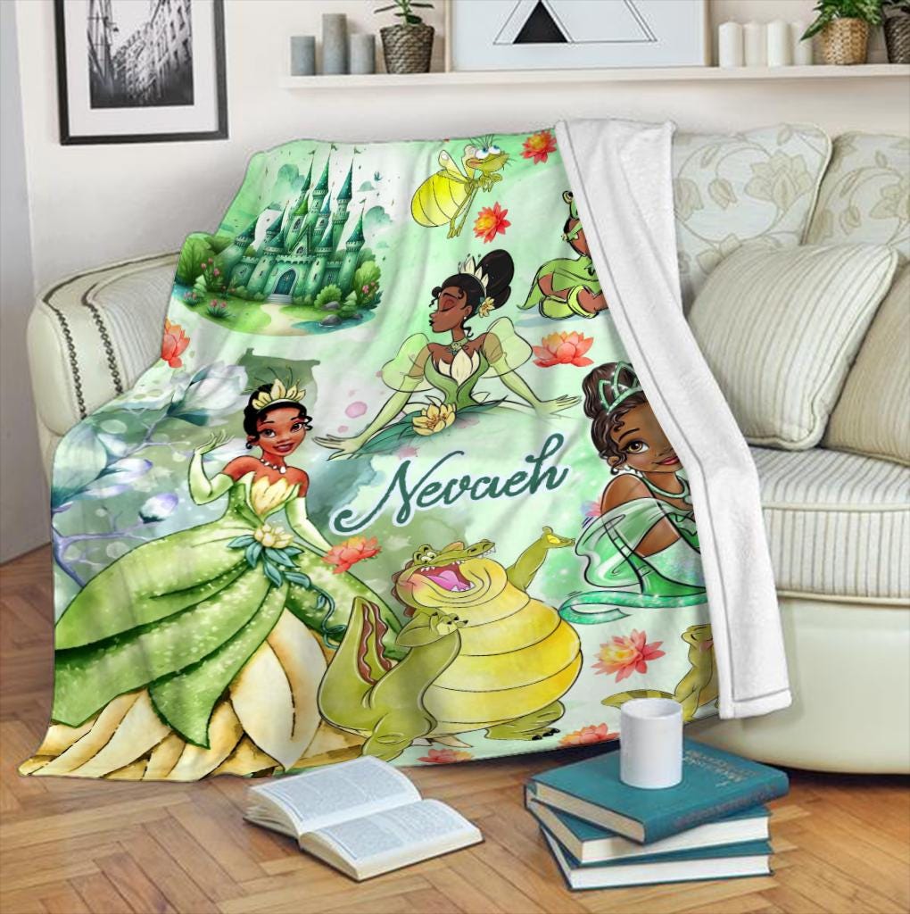 Personalized Tiana Princess Blanket, Custom Name Kids Gift Green Fleece Baby Blanket Nursery Decor Cute Frog Cartoon Gift for Girl Fan