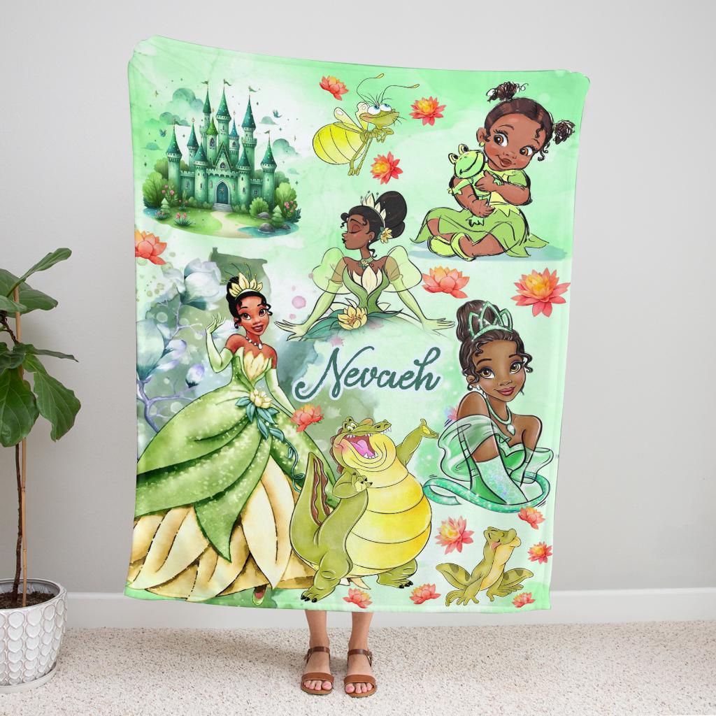 Personalized Tiana Princess Blanket, Custom Name Kids Gift Green Fleece Baby Blanket Nursery Decor Cute Frog Cartoon Gift for Girl Fan