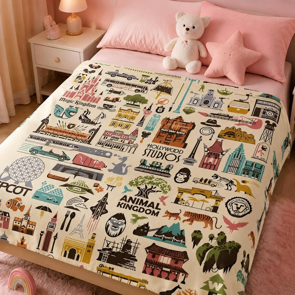 Disney World Four Parks Icons Velveteen Plushy Blanket, Disney Icons Blanket, Disney Nursery Baby Blanket