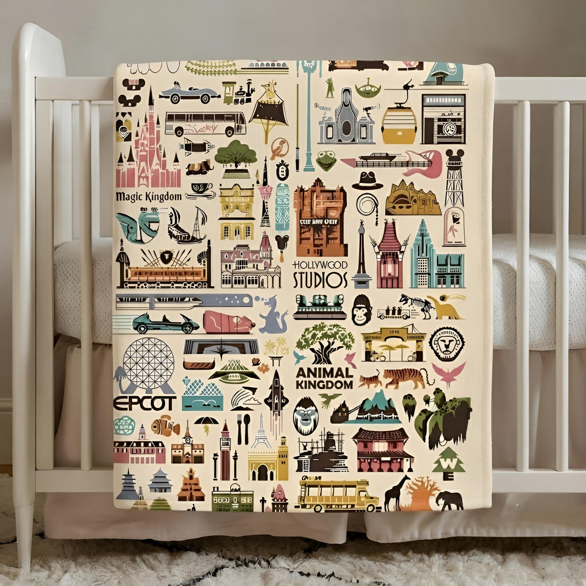 Disney World Four Parks Icons Velveteen Plushy Blanket, Disney Icons Blanket, Disney Nursery Baby Blanket