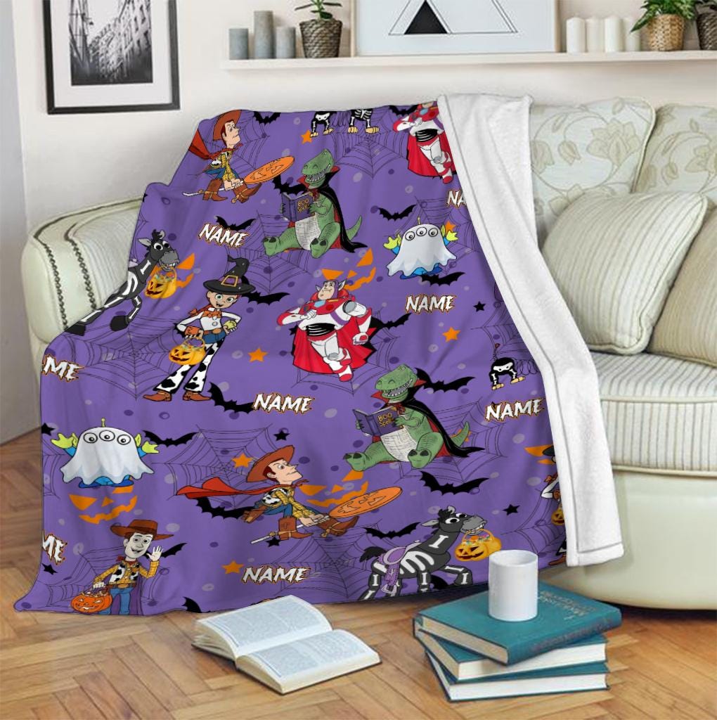 Custom Halloween Toy Story Blanket, Personalized Name Buzz Lightyear Woody Slinky Dog Spooky Cartoon Bedding Cute Ghost Gift for Toy Fan