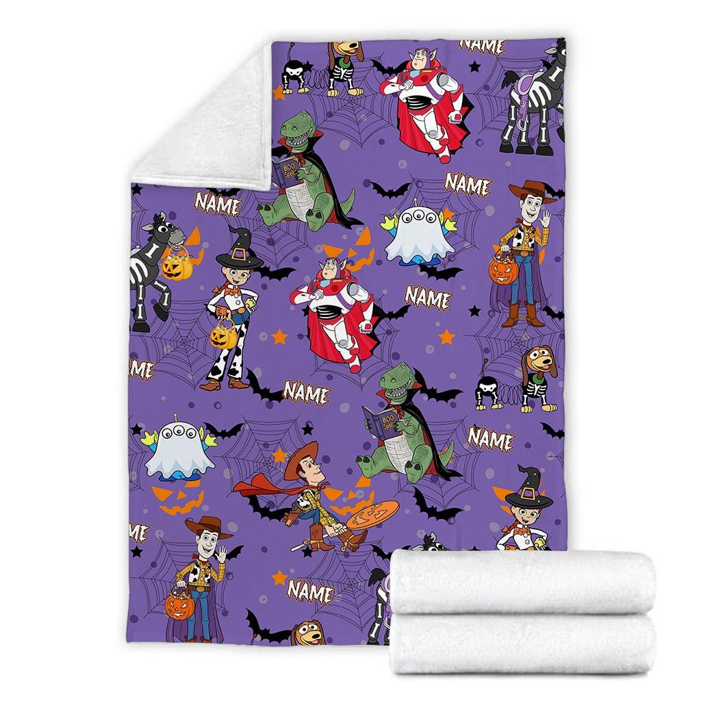Custom Halloween Toy Story Blanket, Personalized Name Buzz Lightyear Woody Slinky Dog Spooky Cartoon Bedding Cute Ghost Gift for Toy Fan