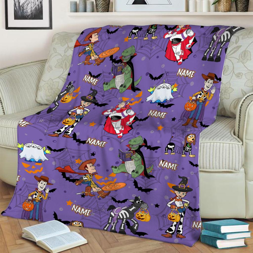 Custom Halloween Toy Story Blanket, Personalized Name Buzz Lightyear Woody Slinky Dog Spooky Cartoon Bedding Cute Ghost Gift for Toy Fan
