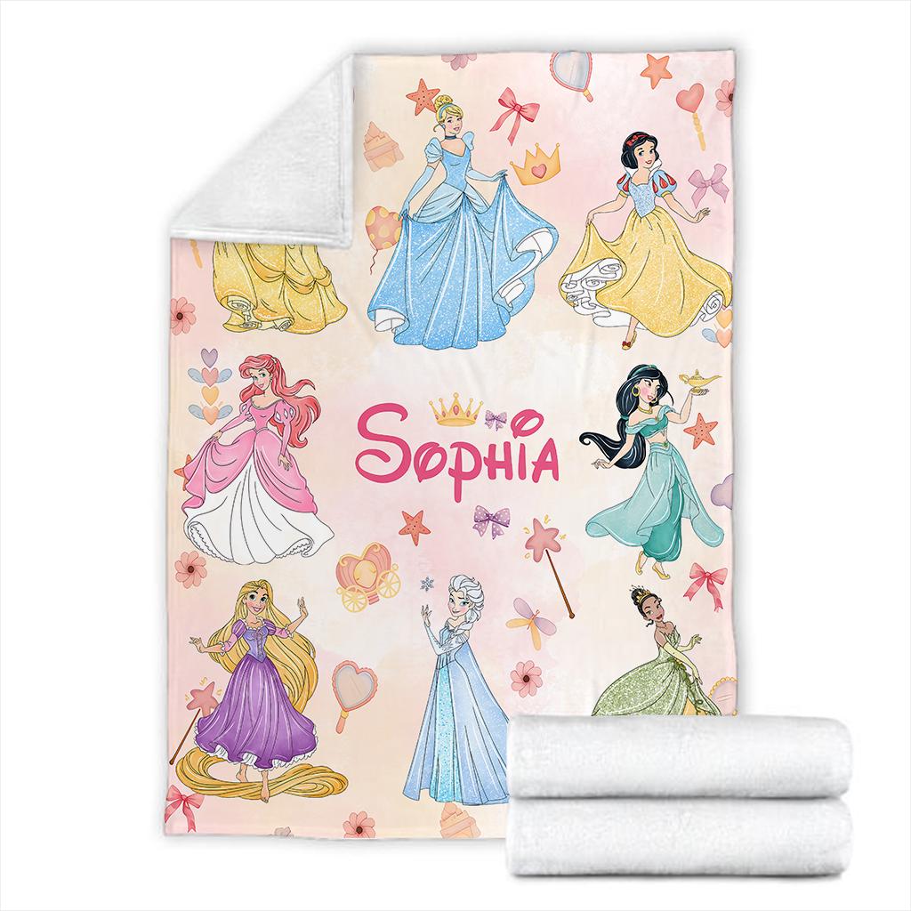 Personalized Disney Princess Blanket, Princess Ariel Belle Jasmine Fleece Blanket, Magical Girl Nursery Decor Gift , Custom Name Princess