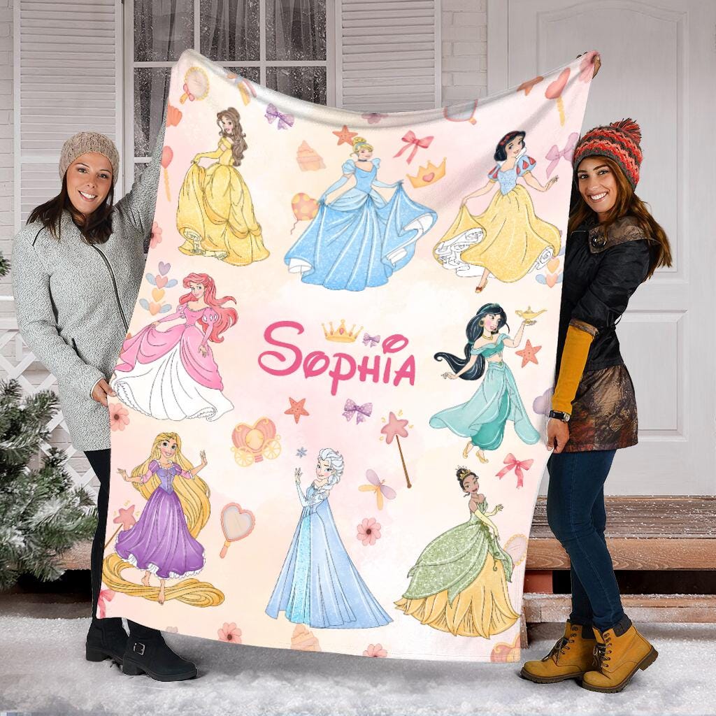 Personalized Disney Princess Blanket, Princess Ariel Belle Jasmine Fleece Blanket, Magical Girl Nursery Decor Gift , Custom Name Princess