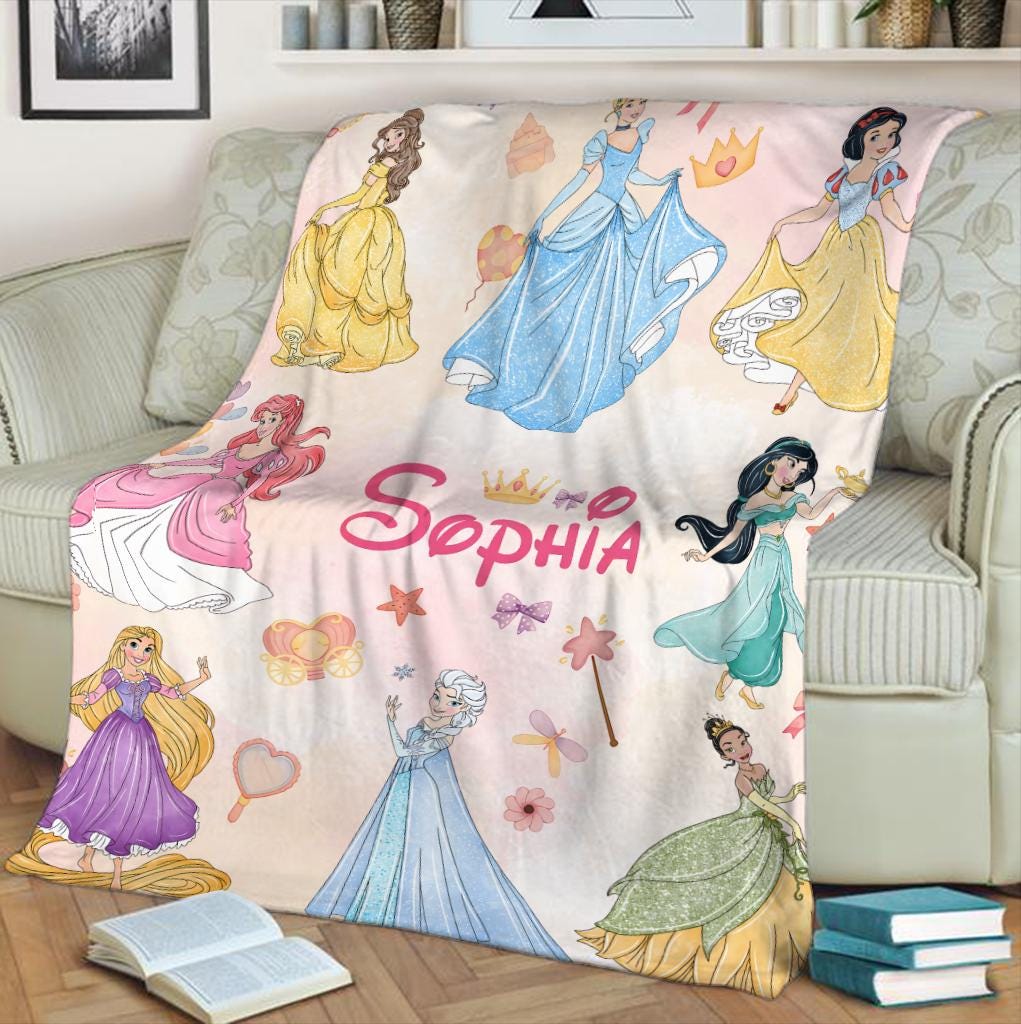 Personalized Disney Princess Blanket, Princess Ariel Belle Jasmine Fleece Blanket, Magical Girl Nursery Decor Gift , Custom Name Princess