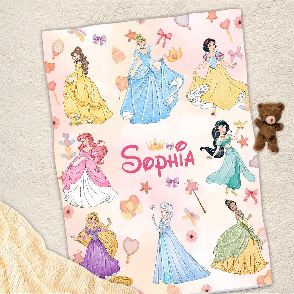 Personalized Disney Princess Blanket, Princess Ariel Belle Jasmine Fleece Blanket, Magical Girl Nursery Decor Gift , Custom Name Princess