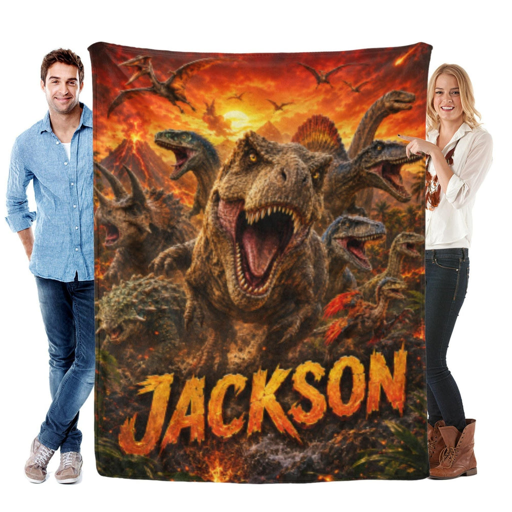 Custom Name Dinosaur Flannel Blanket Personalized Jurassic T-Rex Soft Throw Boy Bedding Kids Room Decor Birthday Gift for Dino Fans