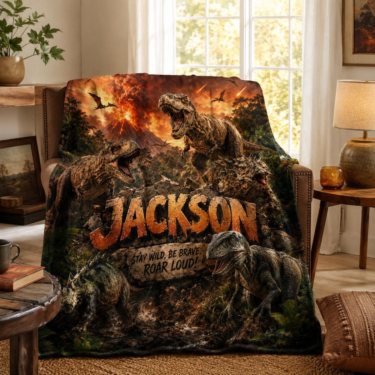 Custom Dinosaur Flannel Blanket Personalized Name T-Rex Jurassic Throw Boys Room Decor Volcano Dino Lover Kids Gift Birthday Roar Loud
