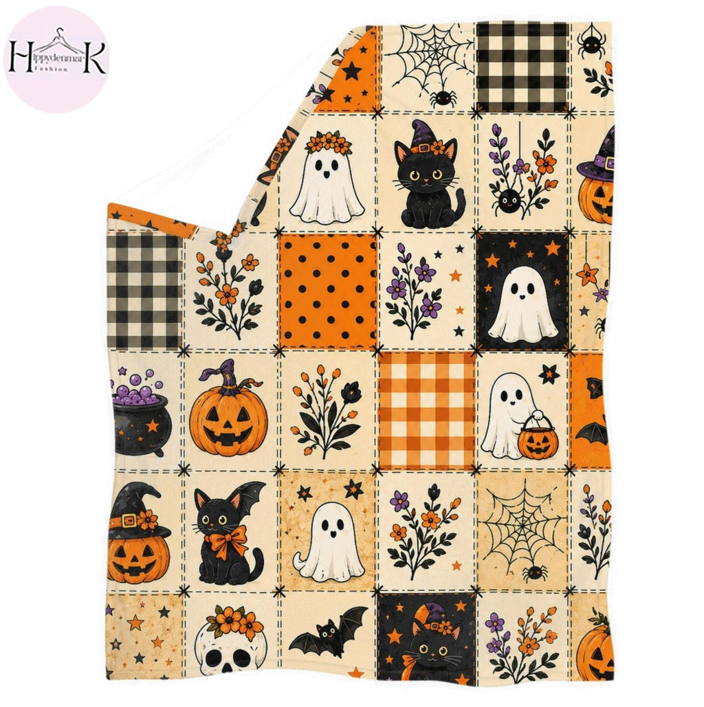 Halloween Ghost Fleece Blanket, Spooky Black Cat Throw Blanket, Pumpkin Patchwork Blanket, Cozy Fall Halloween Home Decor Gift