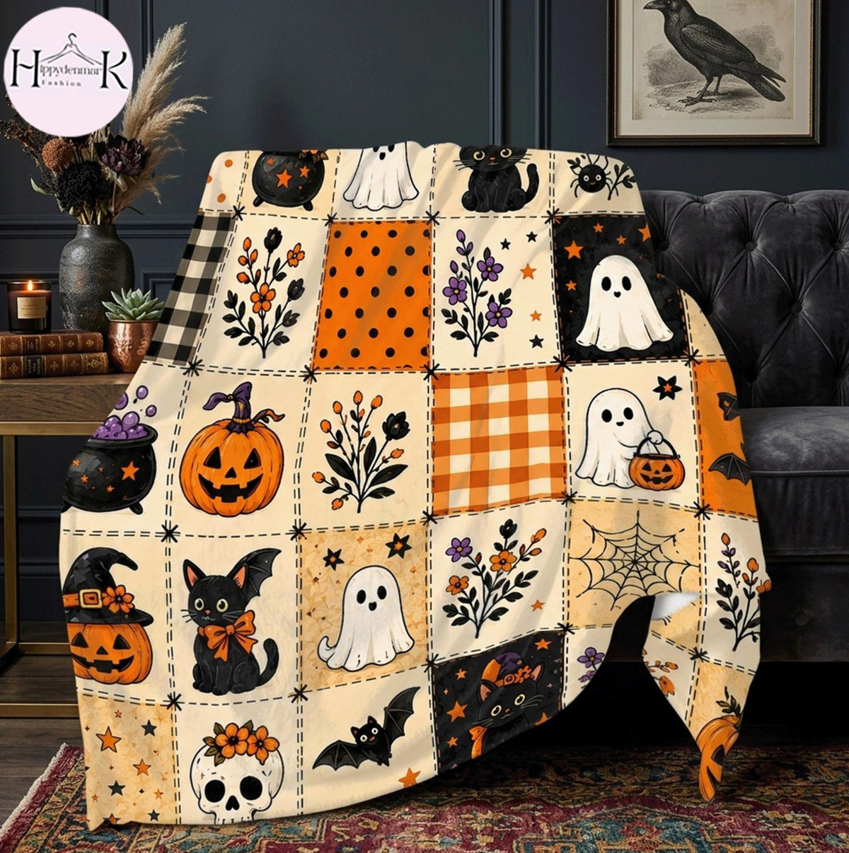 Halloween Ghost Fleece Blanket, Spooky Black Cat Throw Blanket, Pumpkin Patchwork Blanket, Cozy Fall Halloween Home Decor Gift