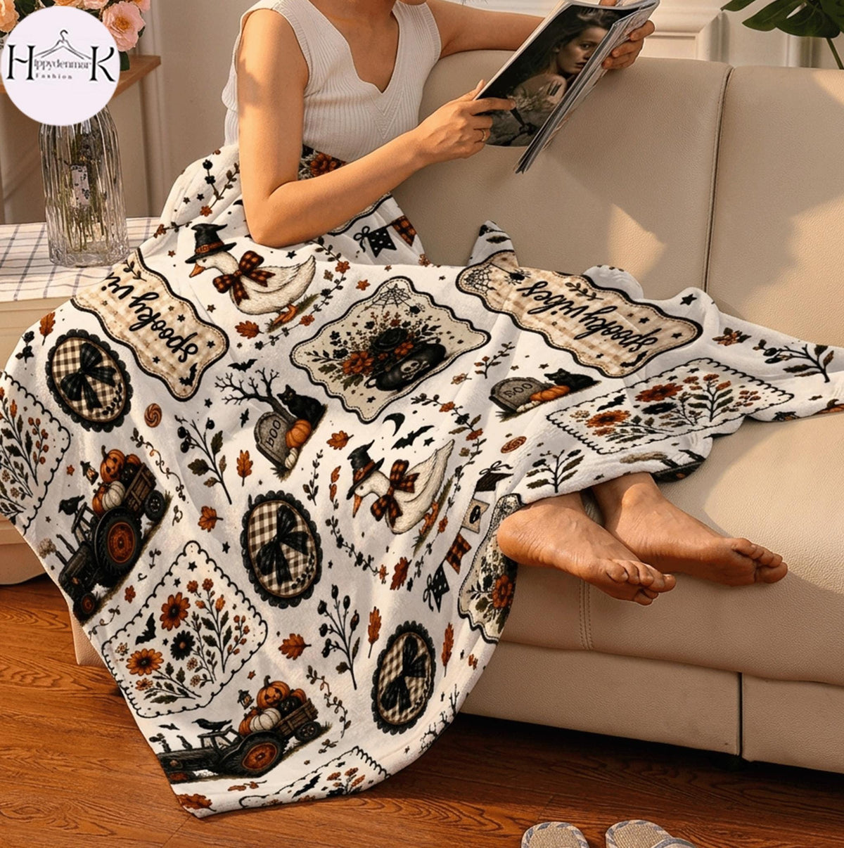 Cottagecore Halloween Ghost Blanket | Summerween Spooky Floral Throw | Dark Academia Vintage Fall Cozy Couch Gift