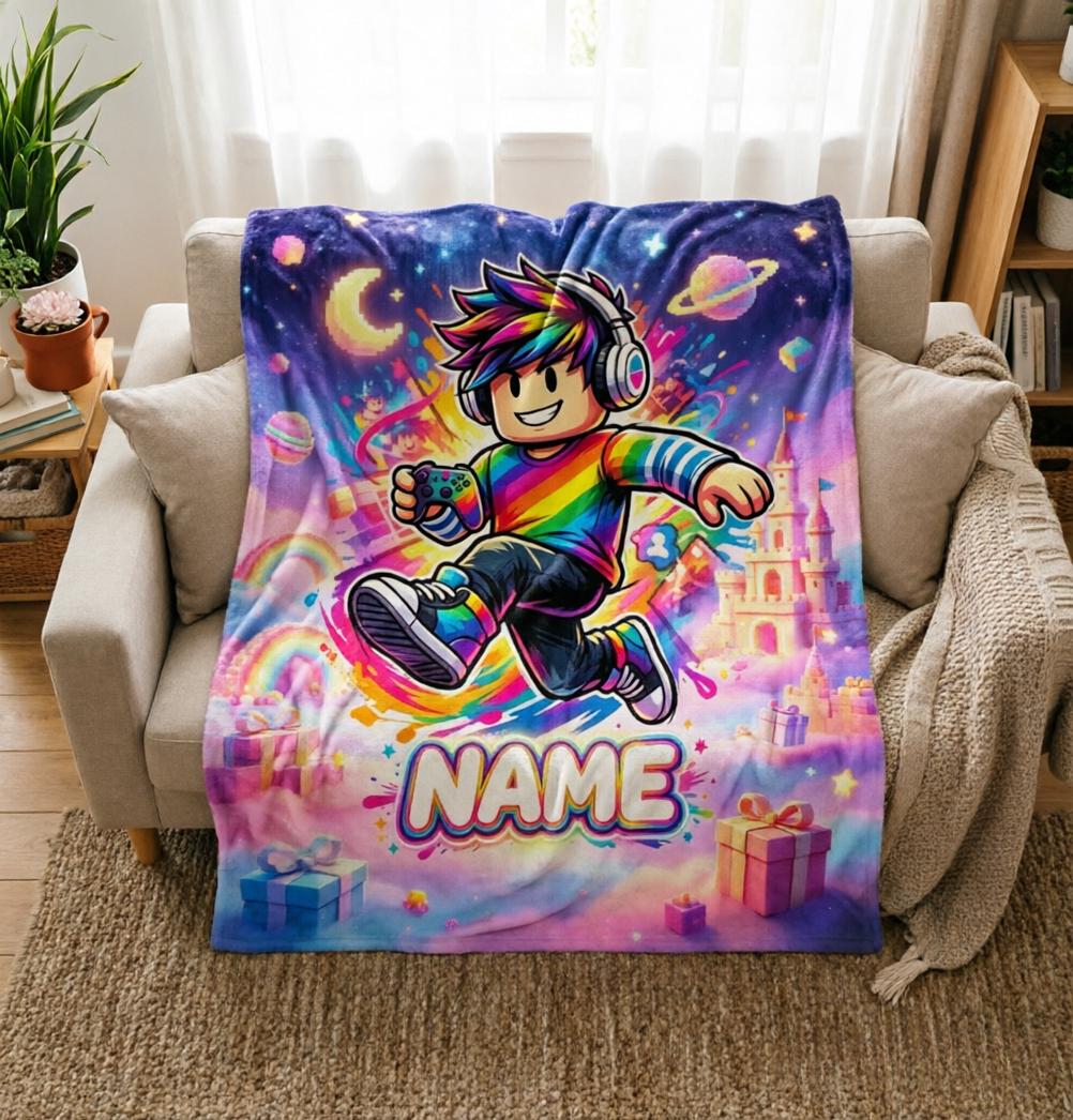 Personalized Rainbow Gamer Blanket Soft Throw, Cosmic Pixel Custom Name Kid Gift